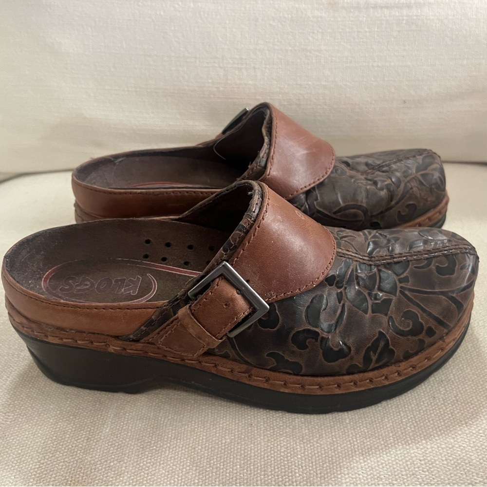Vintage KLOGS Leather Floral Boho Buckle Slip On Clogs Mules Size 7.5